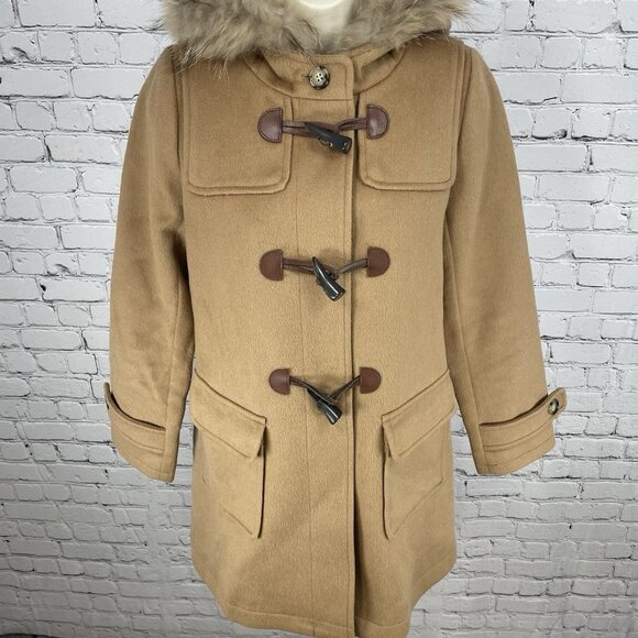 VTG Raybeams Tan Wool Blend Genuine Fur Trim Hooded Toggle Closure Coat Size 0 - Picture 1 of 16